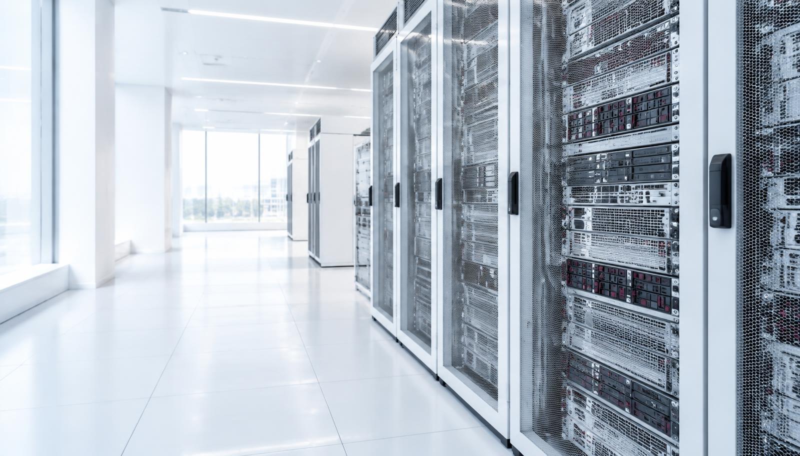 Modern server racks in a bright data centre